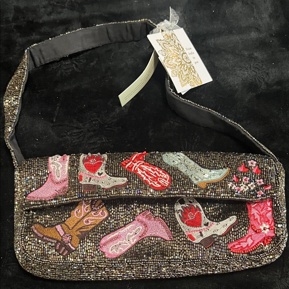 Beaded Western Boot Appliqué Evening Bag - Black with Multicolor Boots